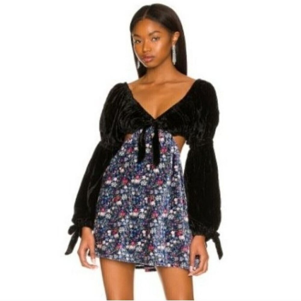 Tularosa Black Velvet Long Sleeve Dress with Floral Skirt